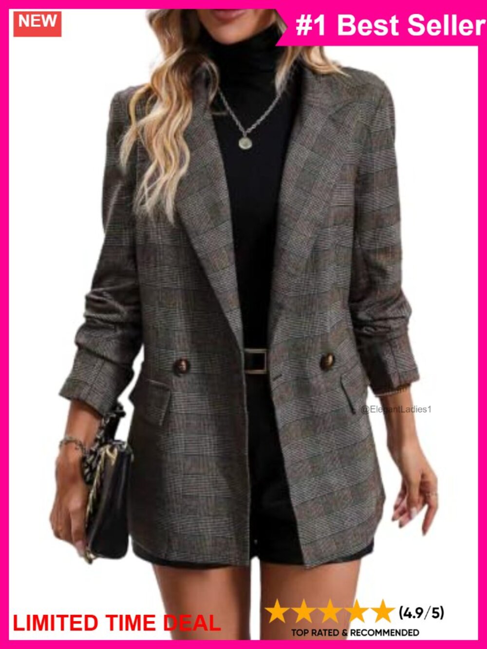 Womens Plaid Blazer Houndstooth Double Breasted Business Casual